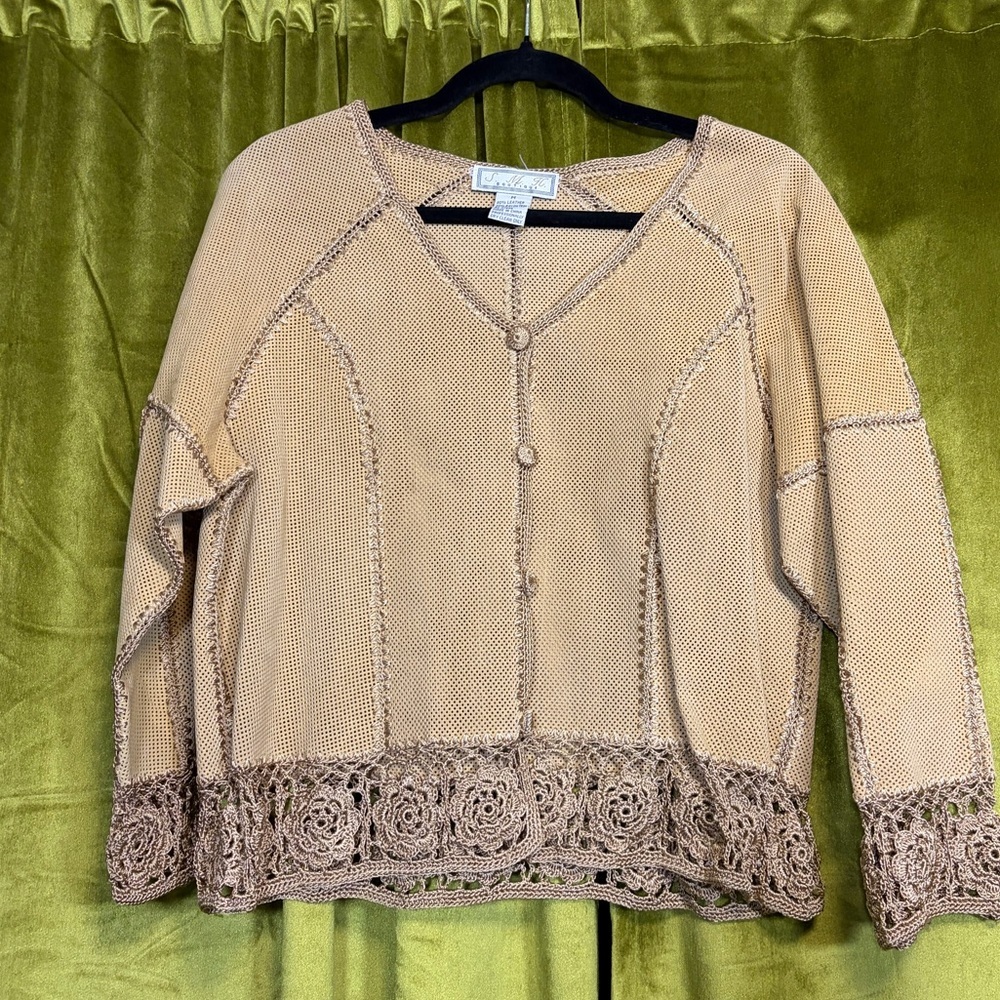 Vintage Y2K 90s Tan Brown Leather Patchwork Floral Crotchet Cardigan. Size M